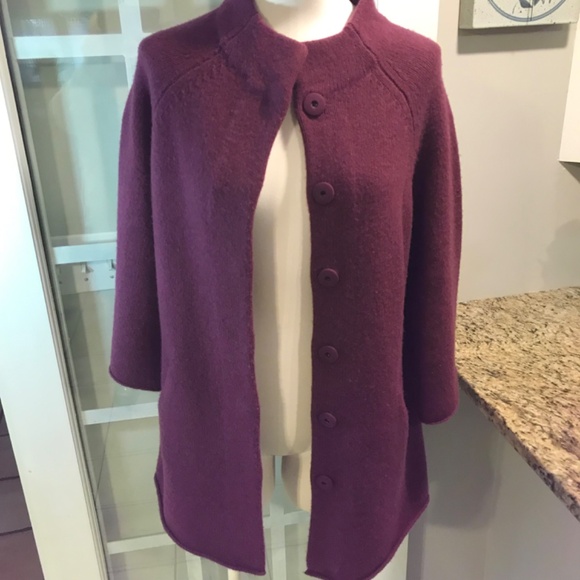 Eileen Fisher 100% wool pockets plum sweater 3/4 sleeves coat - Picture 2 of 16